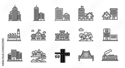 Collection of building icons and city elements.