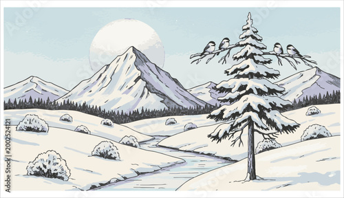 Winter landscape illustration with snow covered mountains pine trees and frozen river under pale moon for seasonal holiday graphic design projects