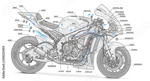 Detailed Diagram of a Motorcycle with Labels.