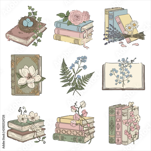Assorted vintage books decorated with bird nests and wildflowers in a charming hand drawn illustration set for nature and literature enthusiasts