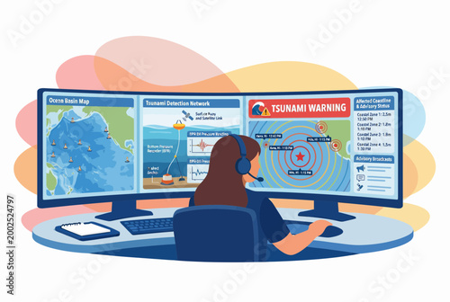 Emergency Dispatcher Monitoring Tsunami Warning on Multiple Screens