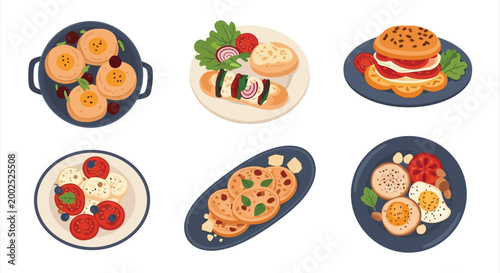 Assorted colorful dishes including sausages burgers and sliced fruit