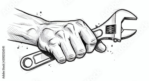 Dynamic monochrome drawing of a human hand securing an adjustable wrench, conveying themes of construction, repair, and skilled labor