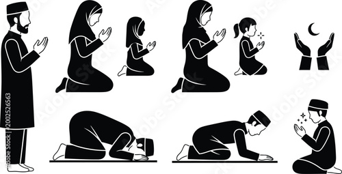 Muslim prayer positions silhouette set, Salah step by step Islamic prayer vector icons