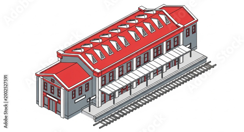 Isometric Model of Vintage Railway Station Building.