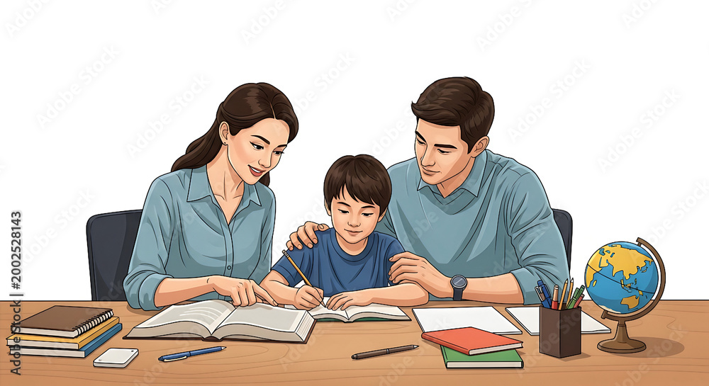 Fototapeta premium Parents Assisting Young Son with Homework at Desk Vector