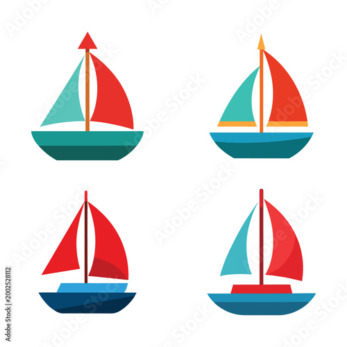 Four colorful sailboats with different sail designs on white background  sailboats with various colored sails and hulls