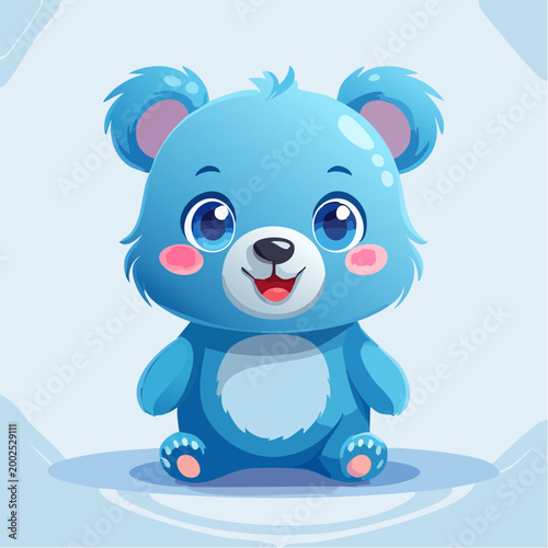 Adorable blue cartoon bear sitting and smiling with big eyes and rosy cheeks, perfect for children's themes and cute illustrations