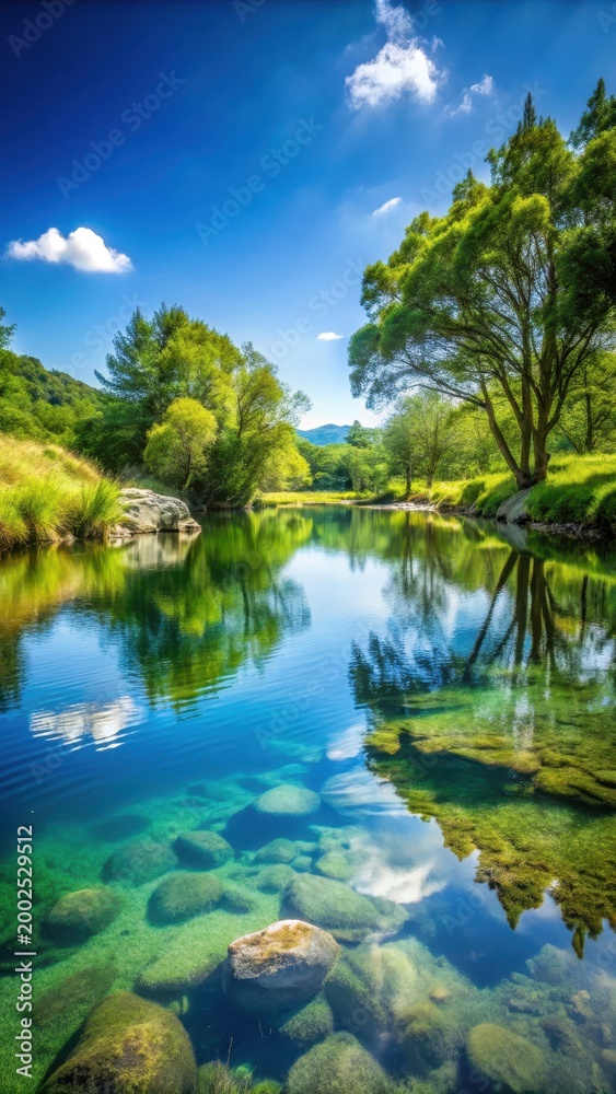 Fototapeta premium A photo of a tranquil scene with a clear blue pool reflecting the soft green surroundings under a gentle river flowing nearby
