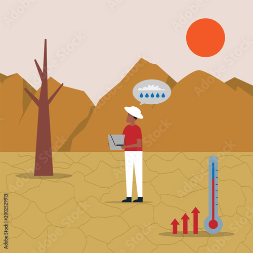 Farmer in Arid Desert Landscape Dreaming of Rain During Severe Drought and Rising Global Temperatures 2d flat vector illustration