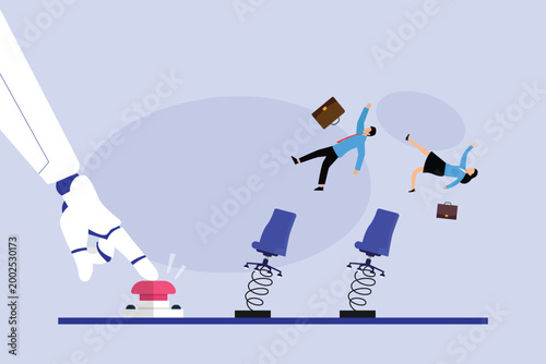 AI Automation and Job Displacement Concept with Robot Hand Ejecting Business People from Office Chairs 2d flat vector illustration