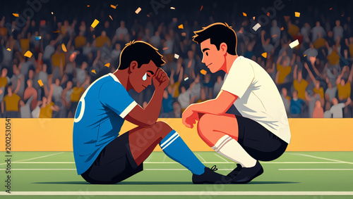 Football Sportsmanship Moment – Player Consoling Opponent After Match Loss, Emotional Soccer Vector Illustration