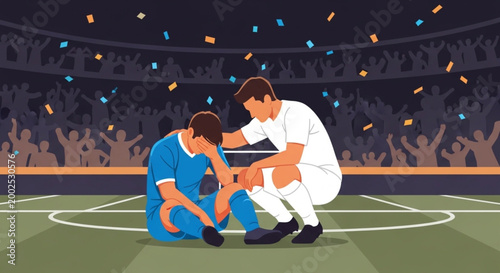Soccer Players Showing Respect After Defeat – Emotional Support Scene, Sports Fair Play Vector