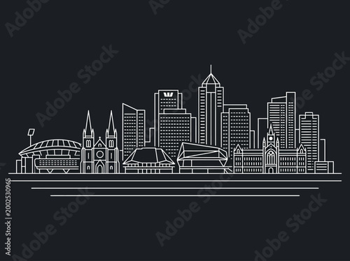 Fotografie Adelaide City Skyline Line Art Outline, South Australia Landmark Illustration on