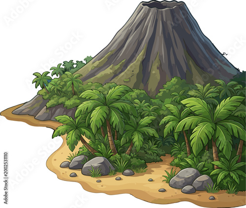 Tropical volcanic island with palm trees and lush vegetation, a stunning natural landscape