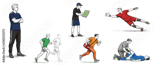 Illustration of various male athletes and coaches involved in sports activities and care