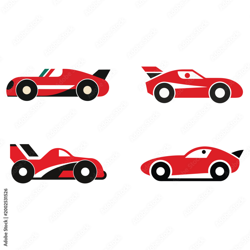 Naklejka premium Four red race cars with black and white details on white background side views vector illustration