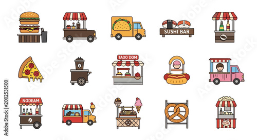 Food truck icons with various meals.