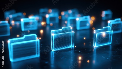 Glowing blue file folders on dark.