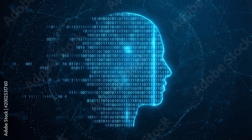 Artificial intelligence digital human profile with futuristic technology and data visualization concept