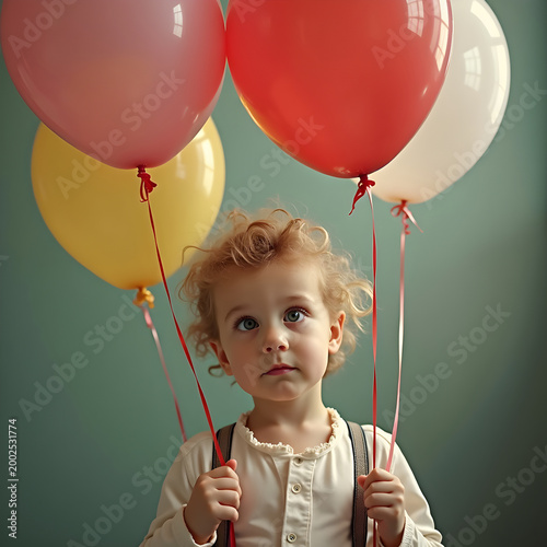 Child with staring eyes holding balloons
