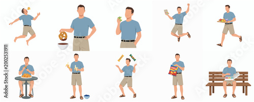 Картината върху платно Collection of Diverse Flat Style Male Character Poses Engaged in Various Food Re