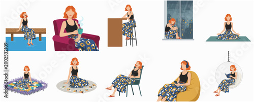 Collection of Flat Style Illustrations Depicting a Woman in Various Relaxing Poses and Activities