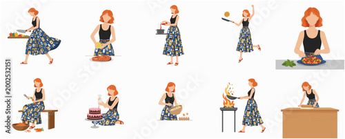 Diverse Set of Flat Design Illustration of a Woman Cooking and Preparing Food