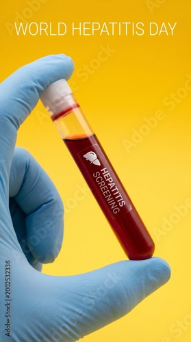 World Hepatitis Day Gloved Hand Holding a Blood Test Tube Against a Bright Yellow Background