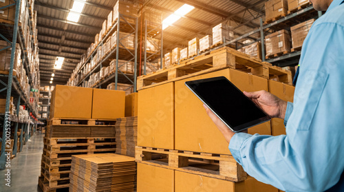 Warehouse manager using a digital tablet to oversee stock and operations in a modern storage facility.