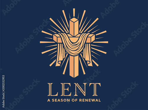 Golden Christian Cross with Shroud and Radiant Sunburst for Lent Season of Renewal