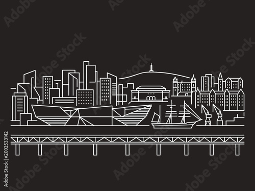 Принти на полотні Dundee Scotland City Skyline Minimalist White Line Art Illustration on Black Bac