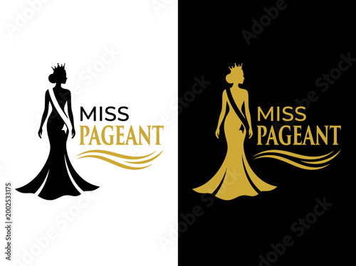Bild auf Leinwand Miss Pageant Elegant Logo Design with Beauty Queen Silhouette wearing Crown and