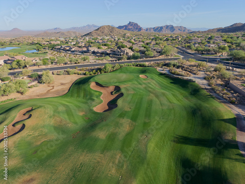 An aerial view of a desert golf course in Arizona.
