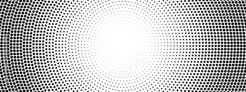 Background pattern explosion with dot and radial gradient elements. Dynamic visual effect circular half ripple and halftone beam. Tone vector circle texture in bright bw poster style.