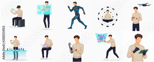 Vector illustration set of a young man interacting with futuristic technology, including virtual reality, bionic limbs, drones, and holographic interfaces.