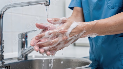 A person in medical scrubs washes their hands thoroughly with soap and water at a sink to maintain hygiene and prevent infection.