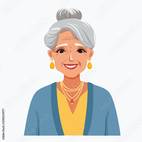 Smiling elderly woman with grey hair in a bun and blue cardigan