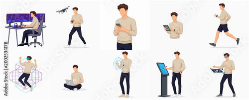 Modern Man Using Various Digital Gadgets and Technology Illustration Set including VR, Drone, and Smartphone