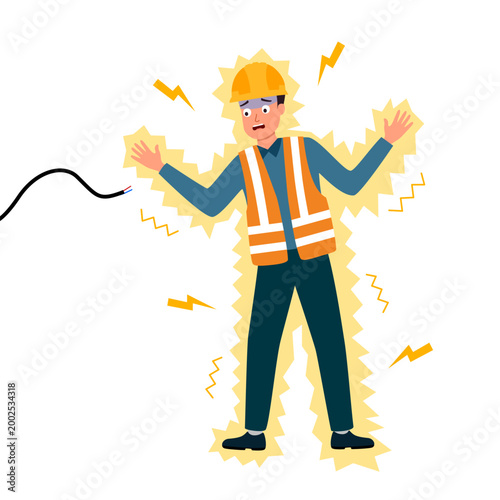 Male worker being electrocuted during work. Staff gets an electric shock.