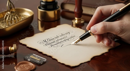 Person signing parchment with quill and ink