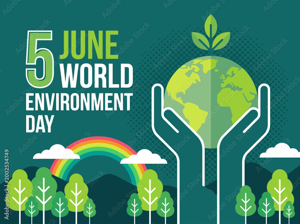 Fototapeta premium World Environment Day June 5 Illustration with Hands Holding Globe, Sprout, and Green Nature Landscape Background