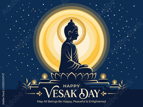 Happy Vesak Day Greeting Illustration with Buddha Silhouette, Lotus Flower, and Full Moon in Starry Night Sky