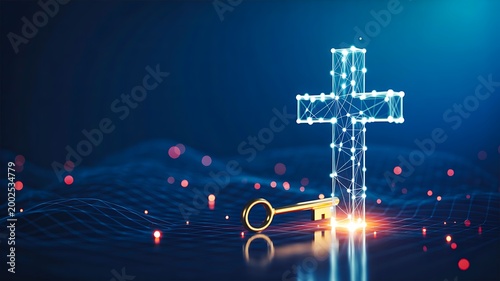 Digital cross and key glowing in futuristic background representing faith and security concept