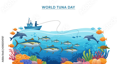 Colorful vector illustration celebrating World Tuna Day with tuna swimming underwater, showcasing sustainable fishing from a boat above and vibrant coral reefs below, set against a clean