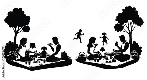 A family enjoys a delightful picnic outdoors on a sunny day