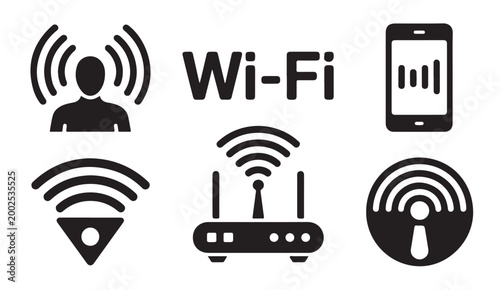 Wifi signal vector icon set for wireless technology and internet connectivity in black and white.