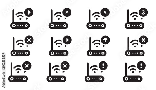 Collection of wifi router icons indicating various statuses and signal strength.