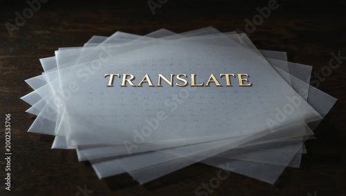 Stack of translation papers, documents for interpretation, language services, multilingual texts