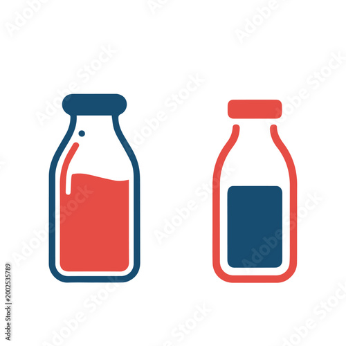 Two stylized graphic icons show different colored liquids inside simple glass milk bottles